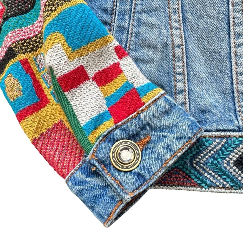 Desigual Fiorella Embroidered Denim Jacket Knitted Sleeves Bohemian Size 4 US - Picture 4 of 13